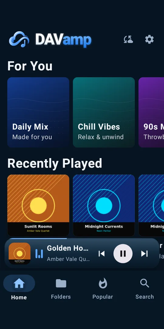DAVamp home screen with For You mixes, Recently Played albums and the mini player