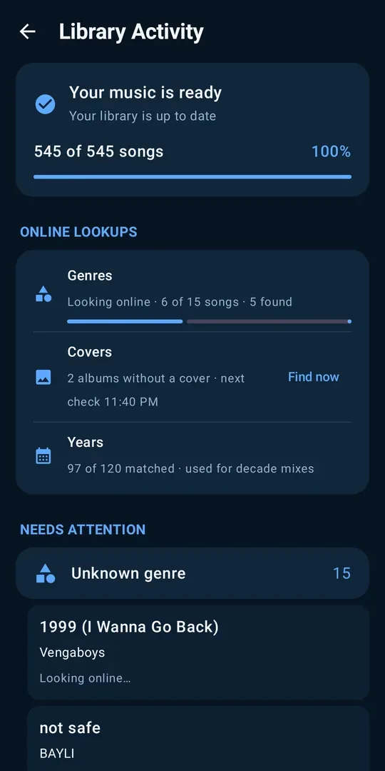Library Activity screen showing the library is ready and online lookups for genres, covers and years