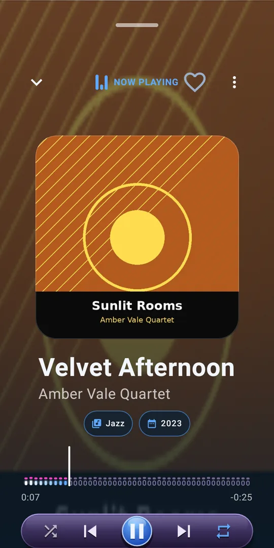 Now playing screen with album cover, song title, genre and year