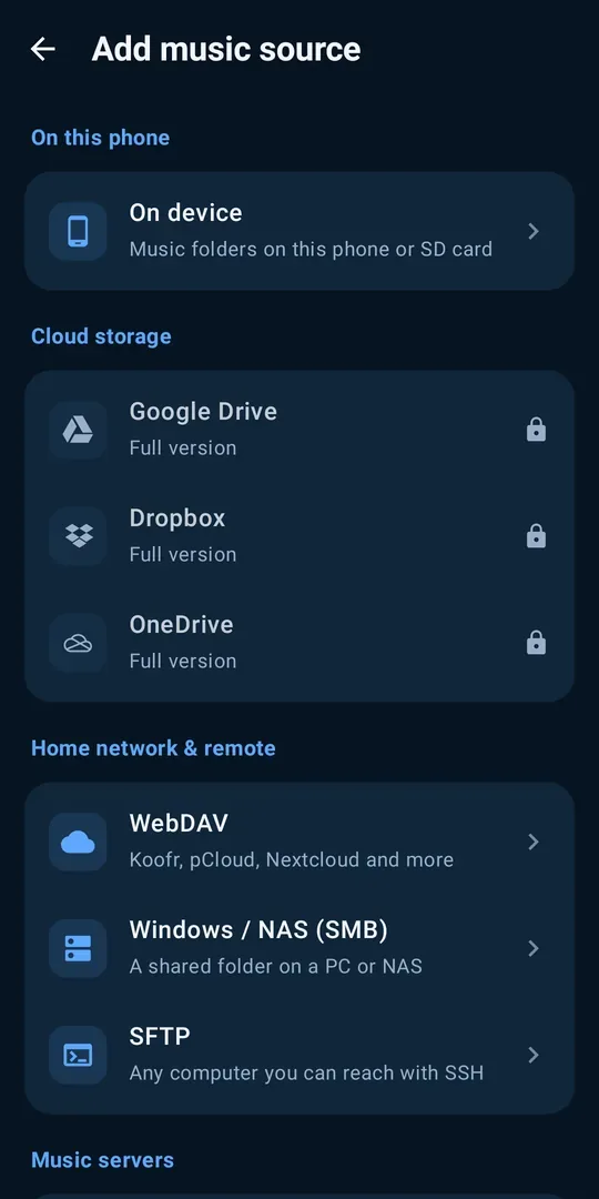 Add music source screen listing on-device, cloud storage, WebDAV, SMB, SFTP and Jellyfin options