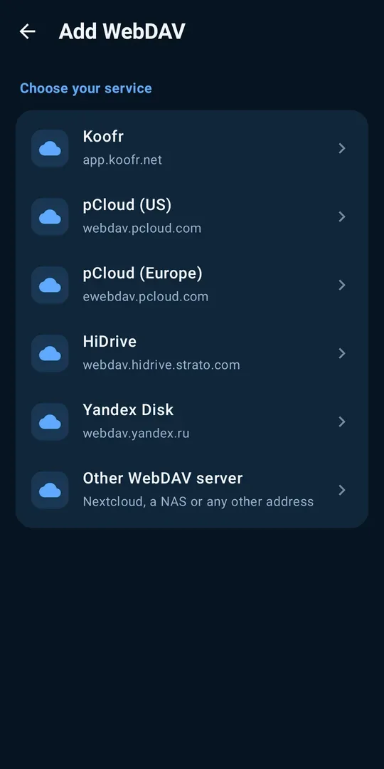 Add WebDAV screen with presets for Koofr, pCloud, HiDrive, Yandex Disk and other WebDAV servers